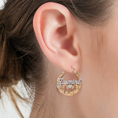 Gold Rhodium Beaded Round Bamboo Name Earrings