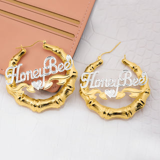 Gold Rhodium Beaded Round Bamboo Name Earrings