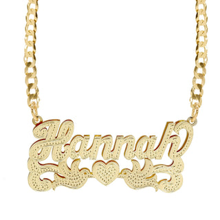 14k Gold over Sterling Silver / Cuban Chain Double Nameplate Necklace w/ Love Birds "Hannah"