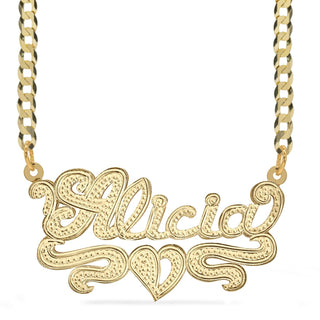 14K Gold over Sterling Silver / Cuban Chain Rhodium Beaded "Double" Nameplate