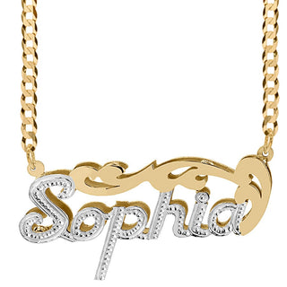 14K Gold over Sterling Silver / Cuban Chain Rhodium Beading Double Nameplate Necklace