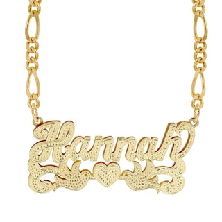 14k Gold over Sterling Silver / Figaro Chain Double Nameplate Necklace w/ Love Birds "Hannah"