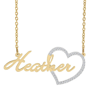 14k Gold over Sterling Silver / Link Chain Single Plated Nameplate Necklace "Heather" with Stones Heart