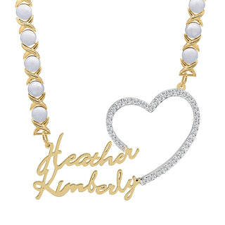 14k Gold over Sterling Silver / Rhodium Xoxo Chain Copy of Single Plated Nameplate Necklace "Heather" with Stones Heart