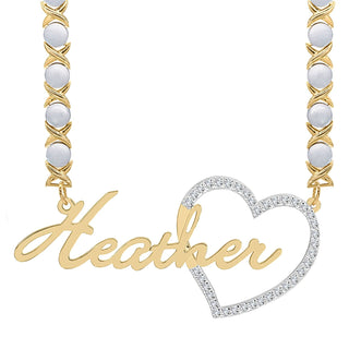 14k Gold over Sterling Silver / Rhodium Xoxo Chain Single Plated Nameplate Necklace "Heather" with Stones Heart