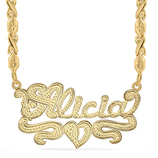 14K Gold over Sterling Silver / Xoxo Chain Rhodium Beaded "Double" Nameplate