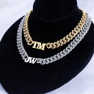 Stainless Steel Zirconia Stone Cuban Chain with 2 Initials Choker
