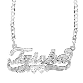 Sterling Silver / Cuban Chain Custom  Double Script Name Plate With Beading "Tyisha"
