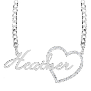 Sterling Silver / Cuban Chain Single Plated Nameplate Necklace "Heather" with Stones Heart