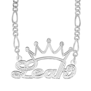 Sterling Silver / Figaro Chain Personalized Double Nameplate Necklace w/ Crown
