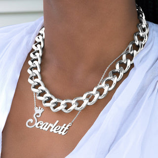 Sterling Silver / Link Chain Set of Iced Out Single Nameplate "Scarlett" with Stainless Steel Choker Chain