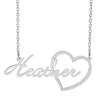 Sterling Silver / Link Chain Single Plated Nameplate Necklace "Heather" with Stones Heart