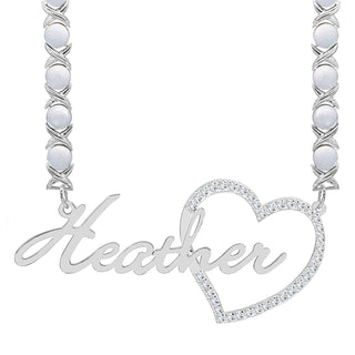 Sterling Silver / Rhodium Xoxo Chain Single Plated Nameplate Necklace "Heather" with Stones Heart