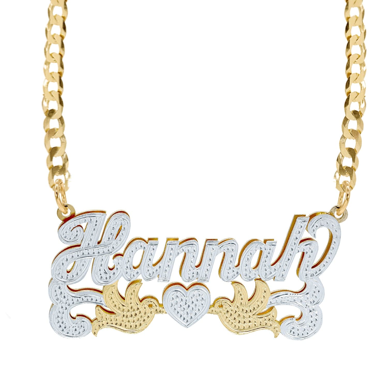 Double Nameplate Necklace w Love Birds Hannah 14K Solid Gold Cuban Chain