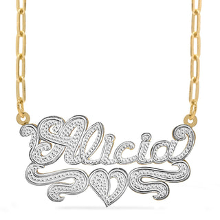 Two-Tone. Sterling Silver / Paper Clip Chain Rhodium Beaded "Double" Nameplate