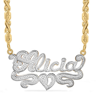Two-Tone. Sterling Silver / Xoxo Chain Rhodium Beaded "Double" Nameplate