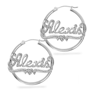 Sterling Silver Rhodium Beaded Name Hoop Earrings