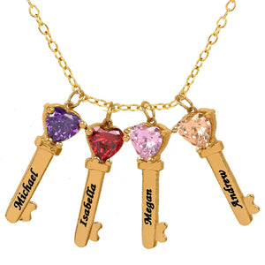 Key Charms with Heart Birthstones and Engraving