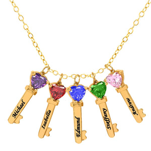 Key Charms with Heart Birthstones and Engraving