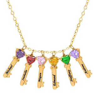 Key Charms with Heart Birthstones and Engraving