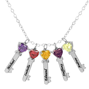 Key Charms with Heart Birthstones and Engraving