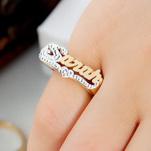 Personalized Name Ring with Beaded Rhodium Tail