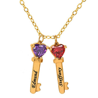Key Charms with Heart Birthstones and Engraving