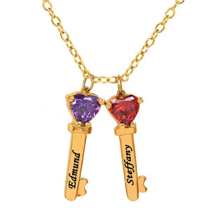 Key Charms with Heart Birthstones and Engraving