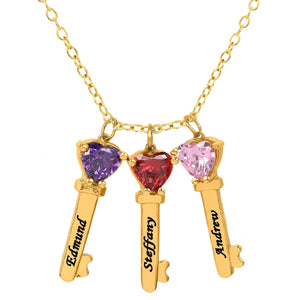 Key Charms with Heart Birthstones and Engraving