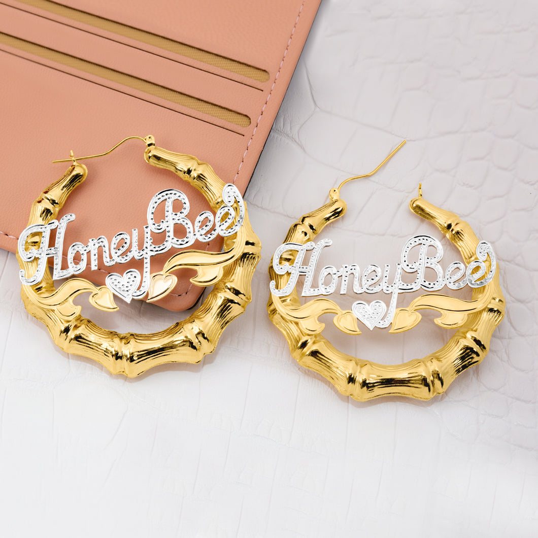 Gold Rhodium Beaded Round Bamboo Name Earrings