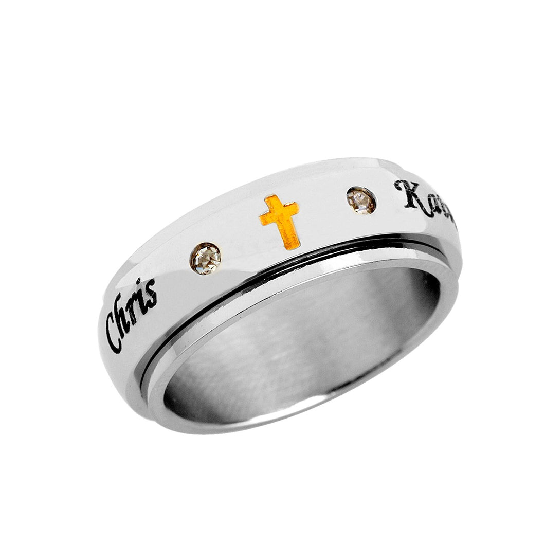 Stainless Steel Spinner Ring with CZ stones and Cross for Him
