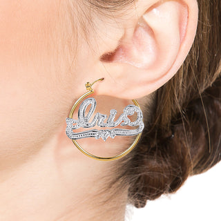 Sterling Silver Rhodium Beaded Name Hoop Earrings