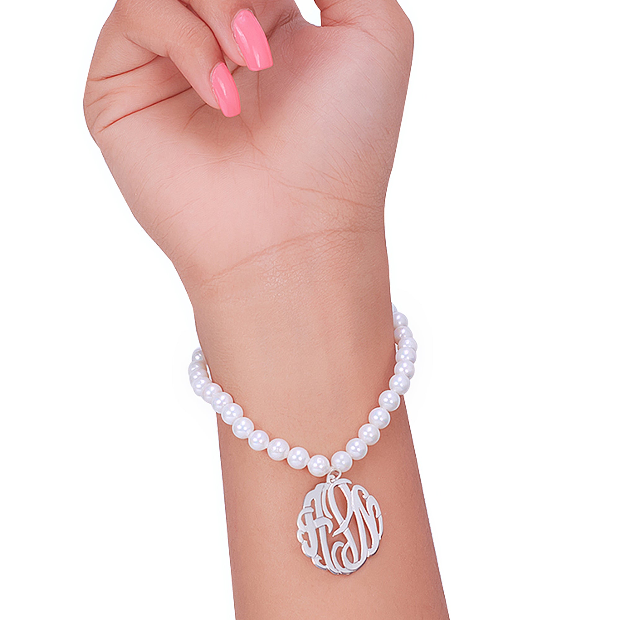 Sterling Silver Freshwater Pearl Bracelet with 7 8 Monogram Jay Aimee Designs